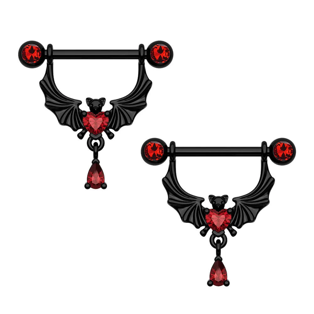 14G Bat Red Gems Dangle Nipple Barbell Rings