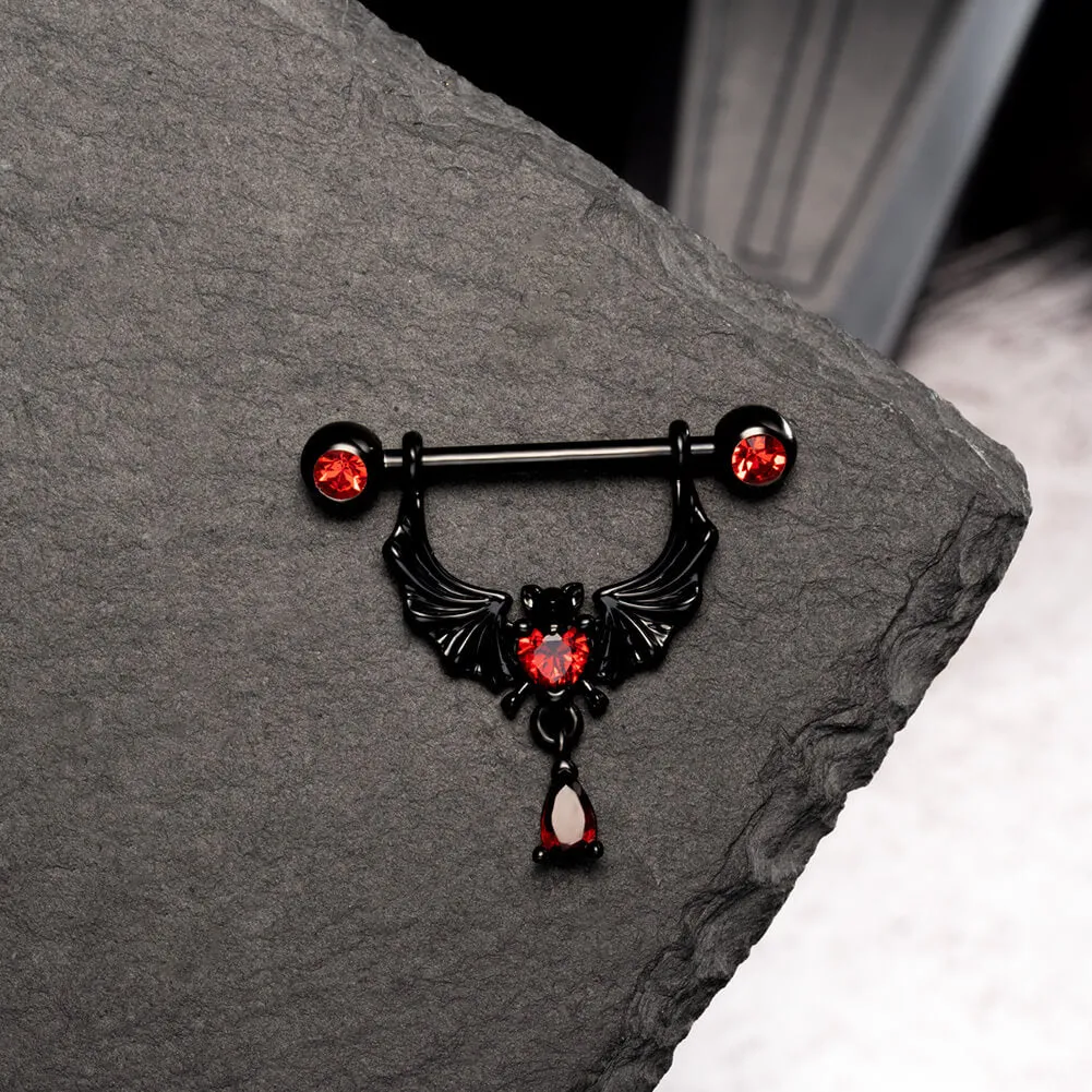 14G Bat Red Gems Dangle Nipple Barbell Rings