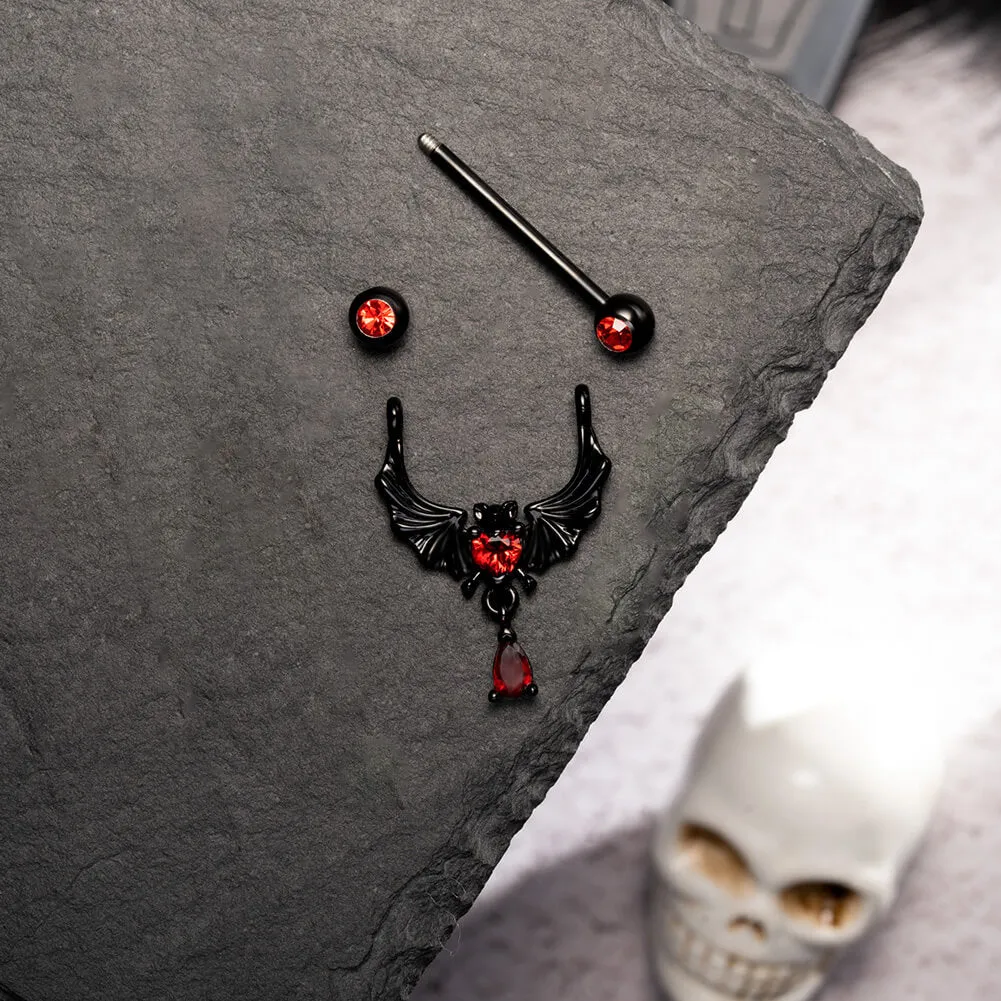 14G Bat Red Gems Dangle Nipple Barbell Rings