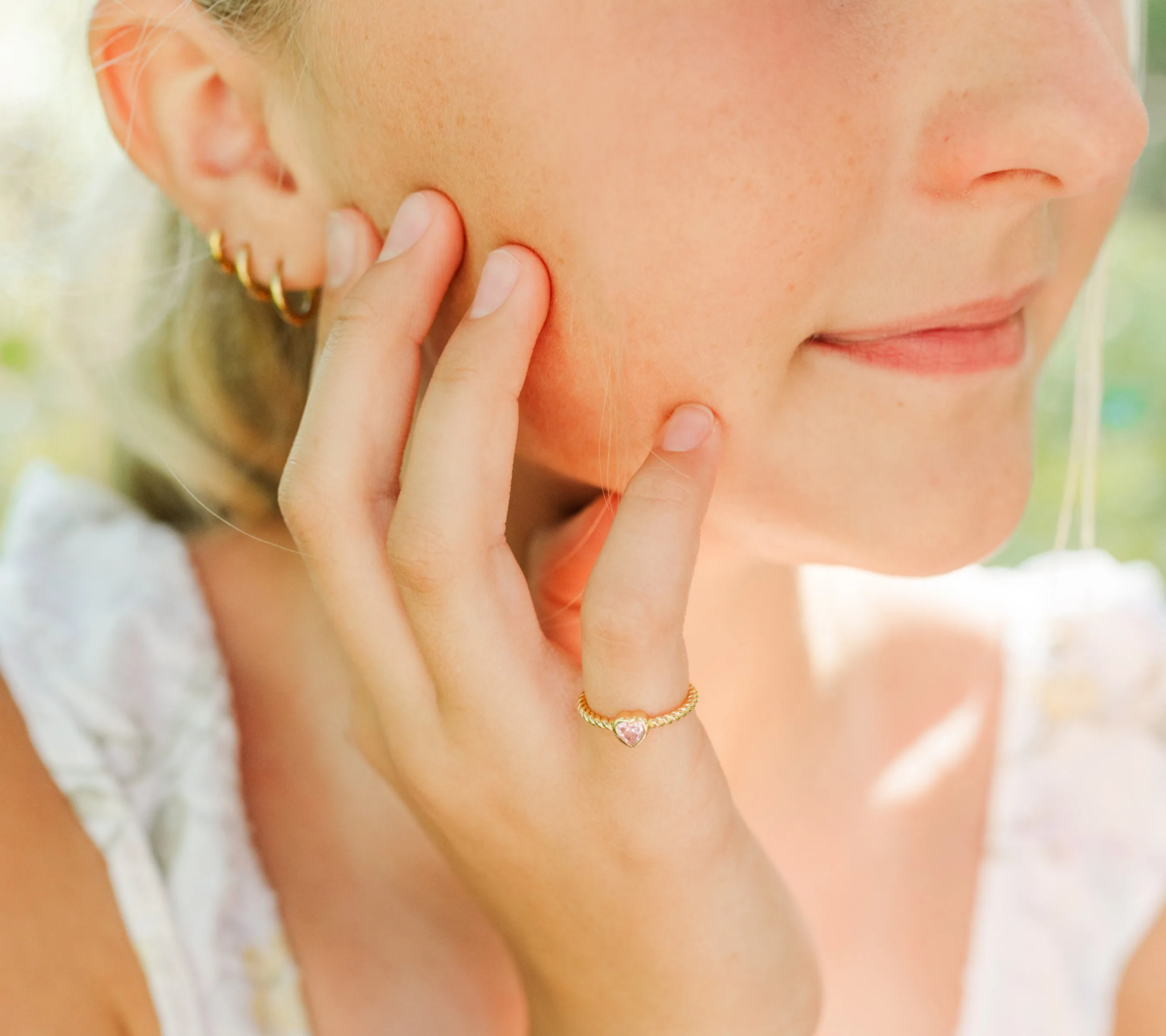 14K Gold-Plated Rope Ring with Pink CZ Heart for Girls