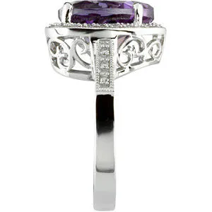 14k White Gold Amethyst & 1/6 CTW Diamond Ring, Size 7