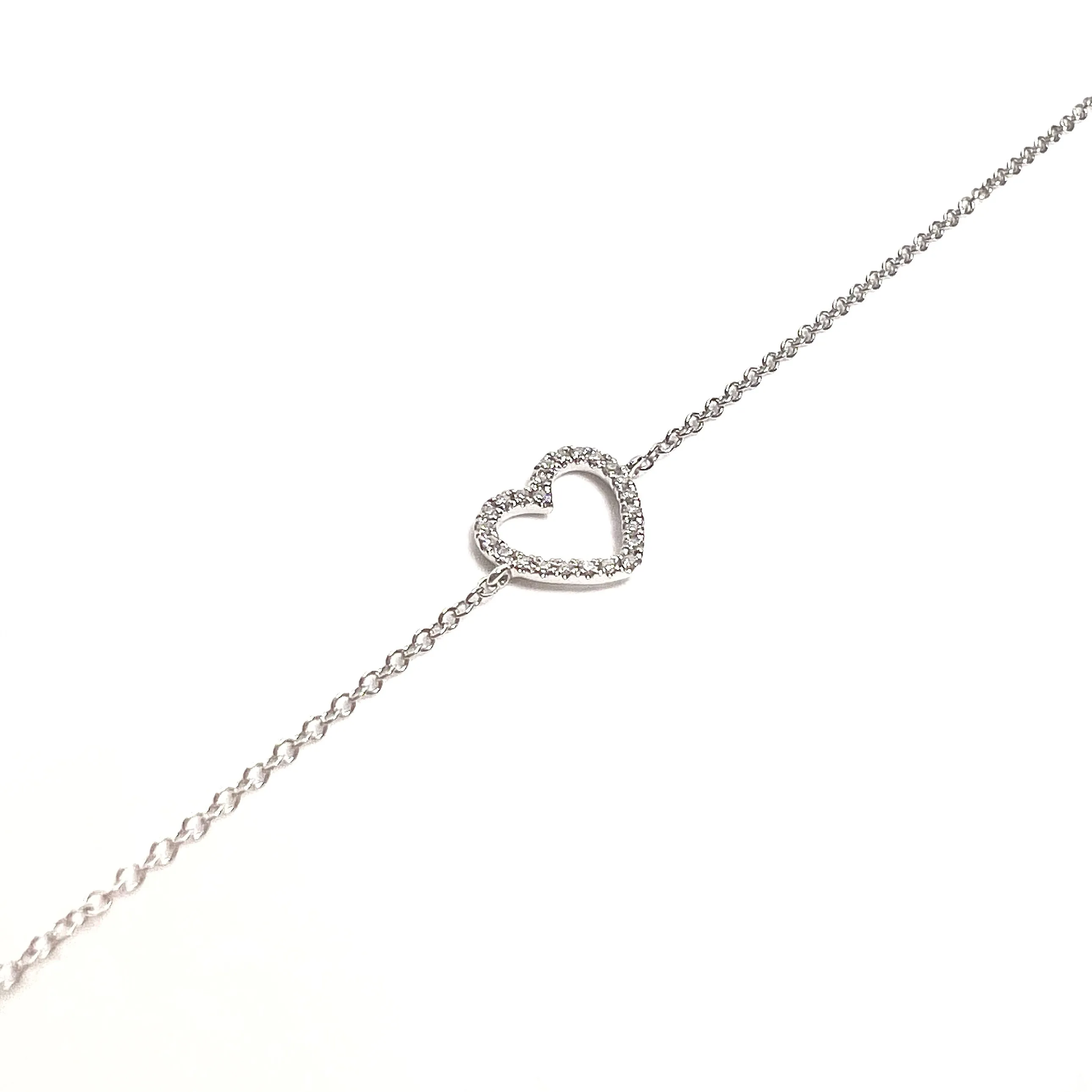 14K White Gold Open Heart Diamond Bracelet