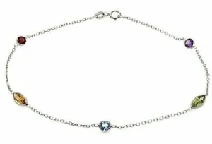 14k Yellow White or Rose Gold Natural Multi Color Marquise & Round Gemstones Anklet Bracelet 9"