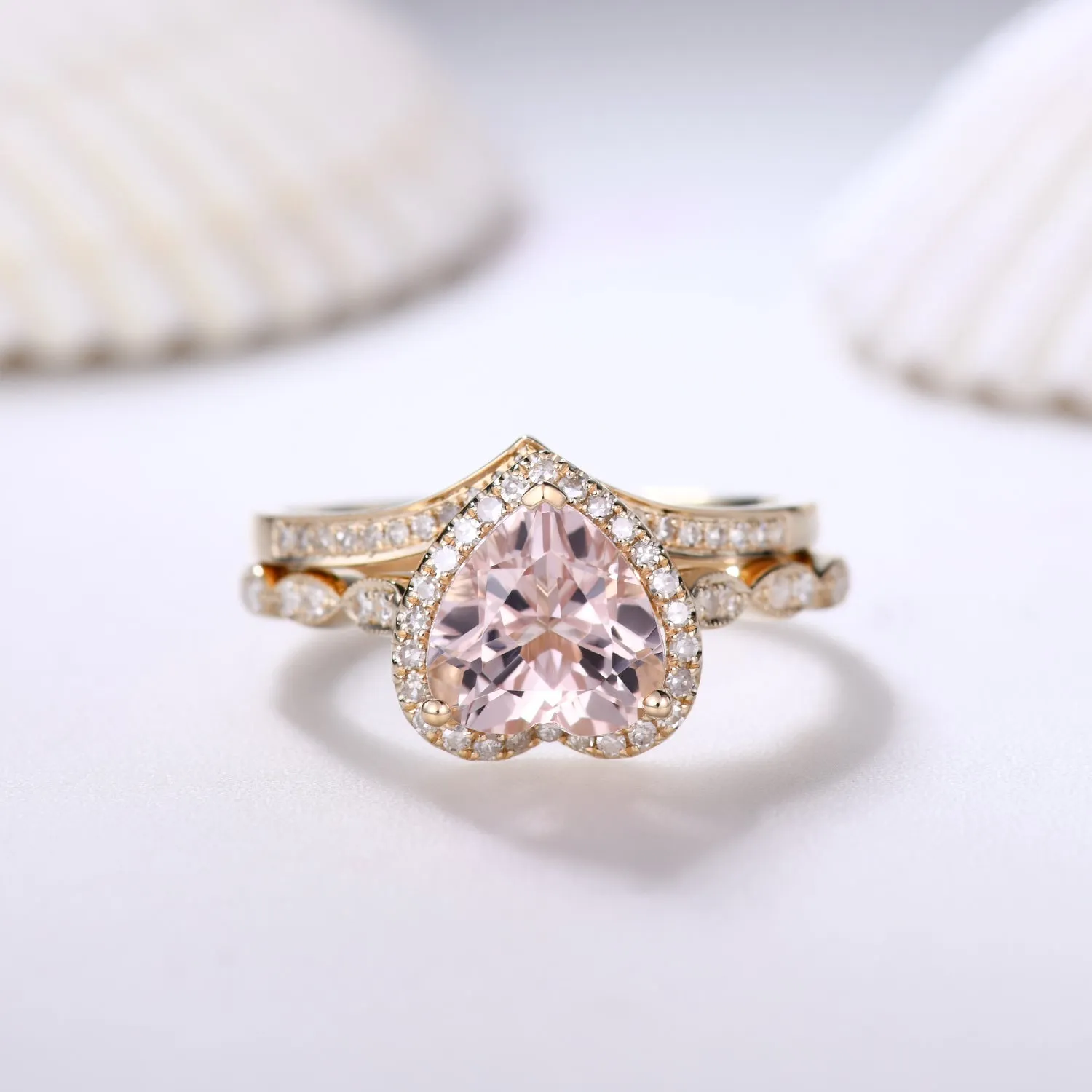 1.5 Carat Heart Shaped Morganite Engagement Ring Set Curved Diamond Stacking Band
