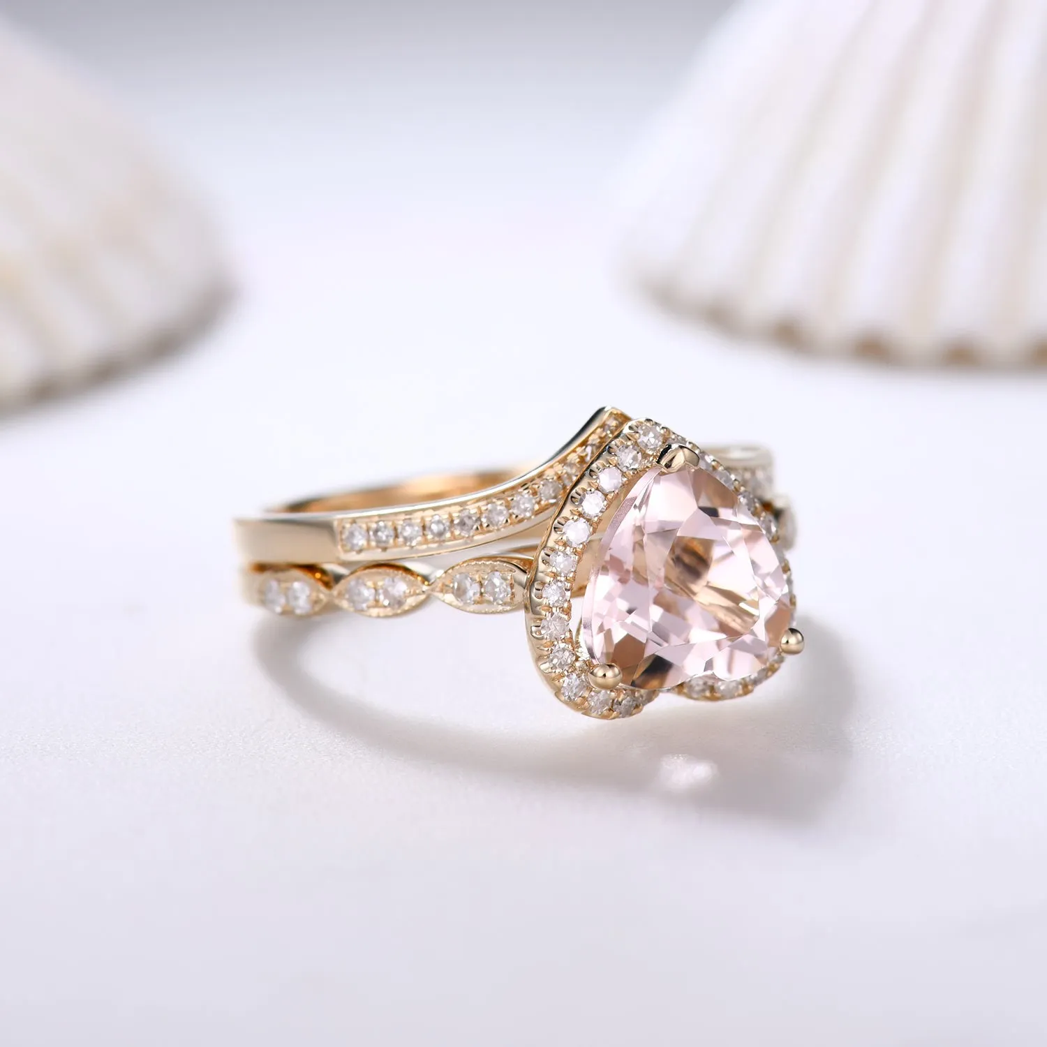 1.5 Carat Heart Shaped Morganite Engagement Ring Set Curved Diamond Stacking Band