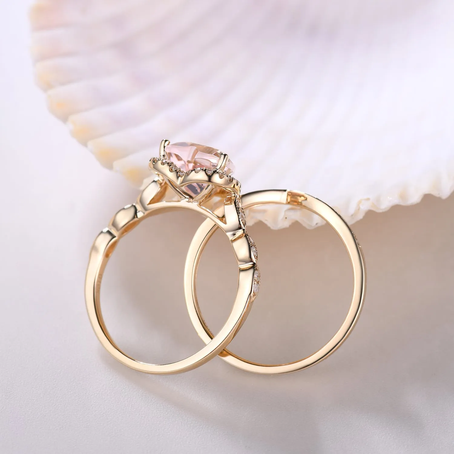 1.5 Carat Heart Shaped Morganite Engagement Ring Set Curved Diamond Stacking Band