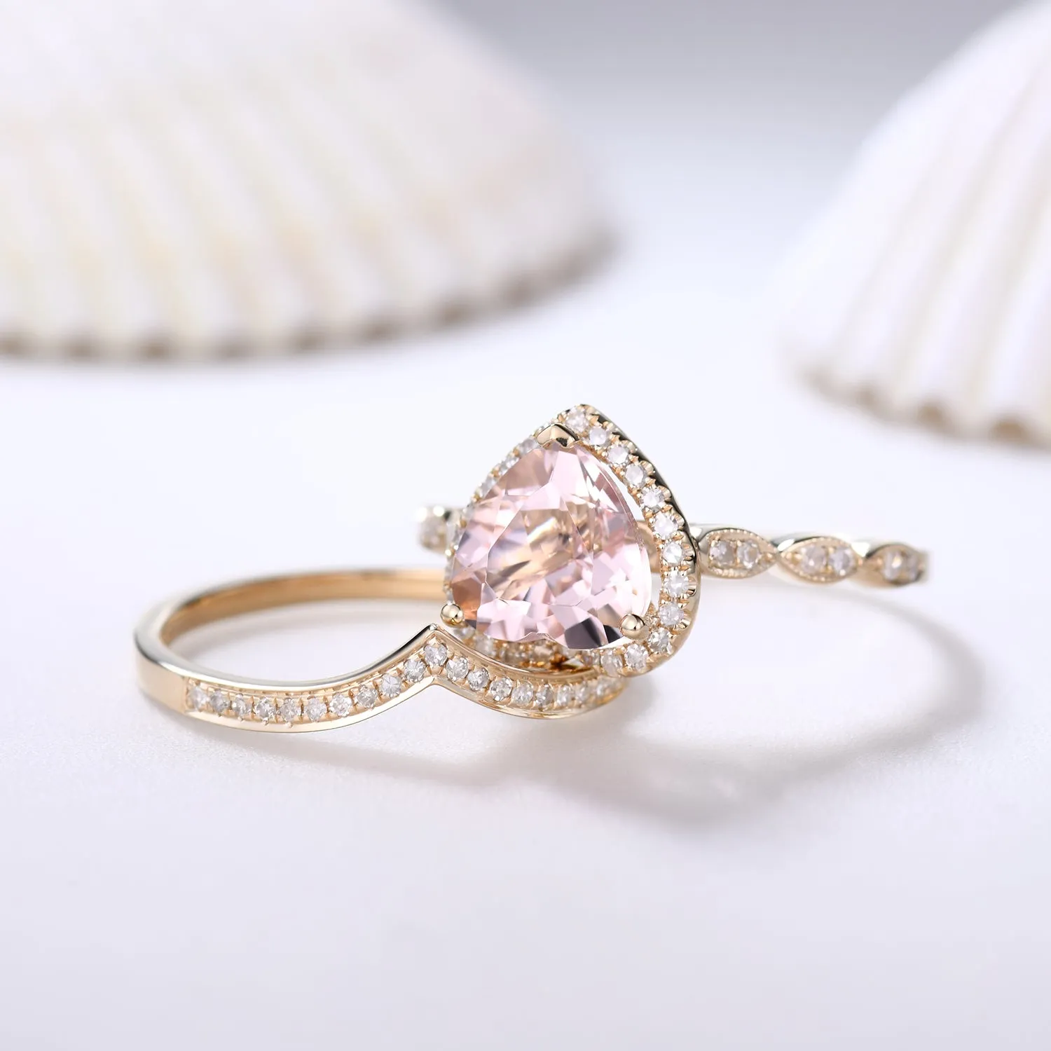 1.5 Carat Heart Shaped Morganite Engagement Ring Set Curved Diamond Stacking Band