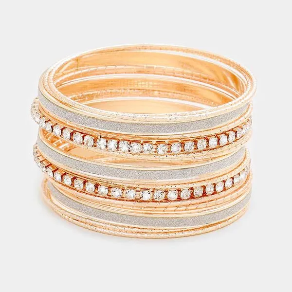 17PCS - Rhinestone Rose Gold Metal Bangle Bracelets