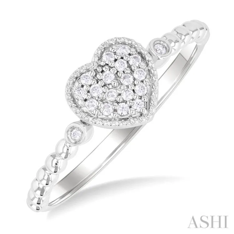 1/8 ctw Petite Bead Shank Heart Motif Round Cut Diamond Fashion Ring in 10K White Gold