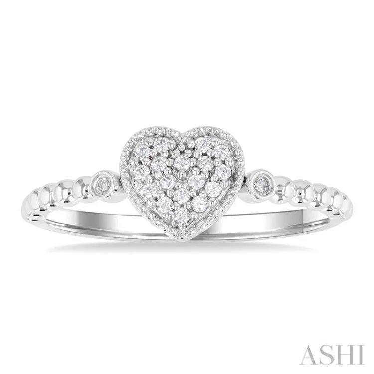 1/8 ctw Petite Bead Shank Heart Motif Round Cut Diamond Fashion Ring in 10K White Gold