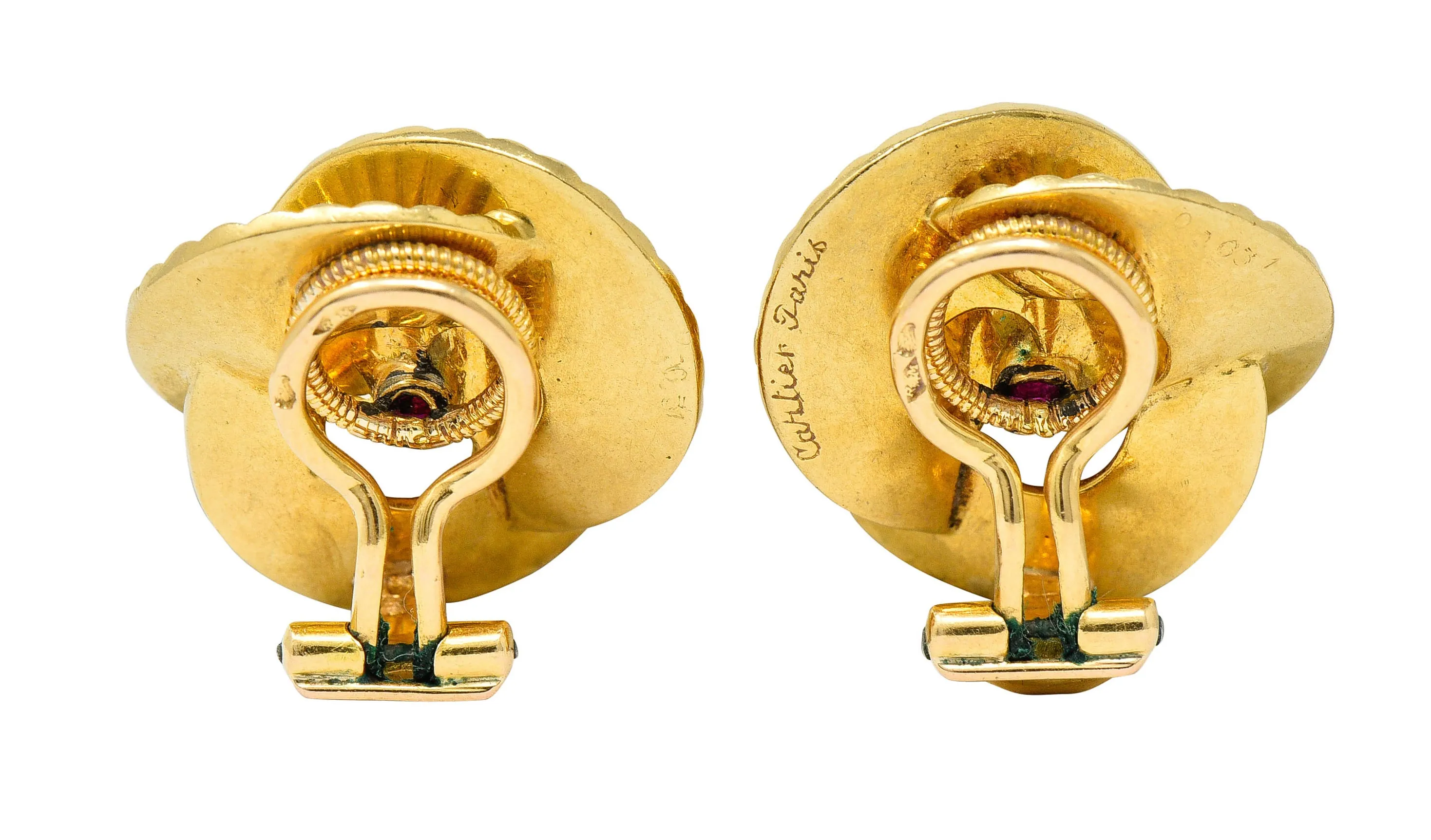 1940's Cartier Paris Ruby 18 Karat Gold Ridged Trefoil Ear-Clip Earrings
