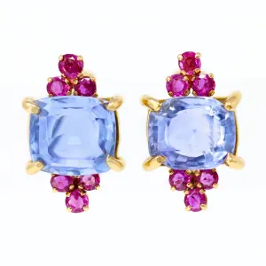 1940s Retro No Heat Ceylon Sapphire and Ruby Clip-on Earrings