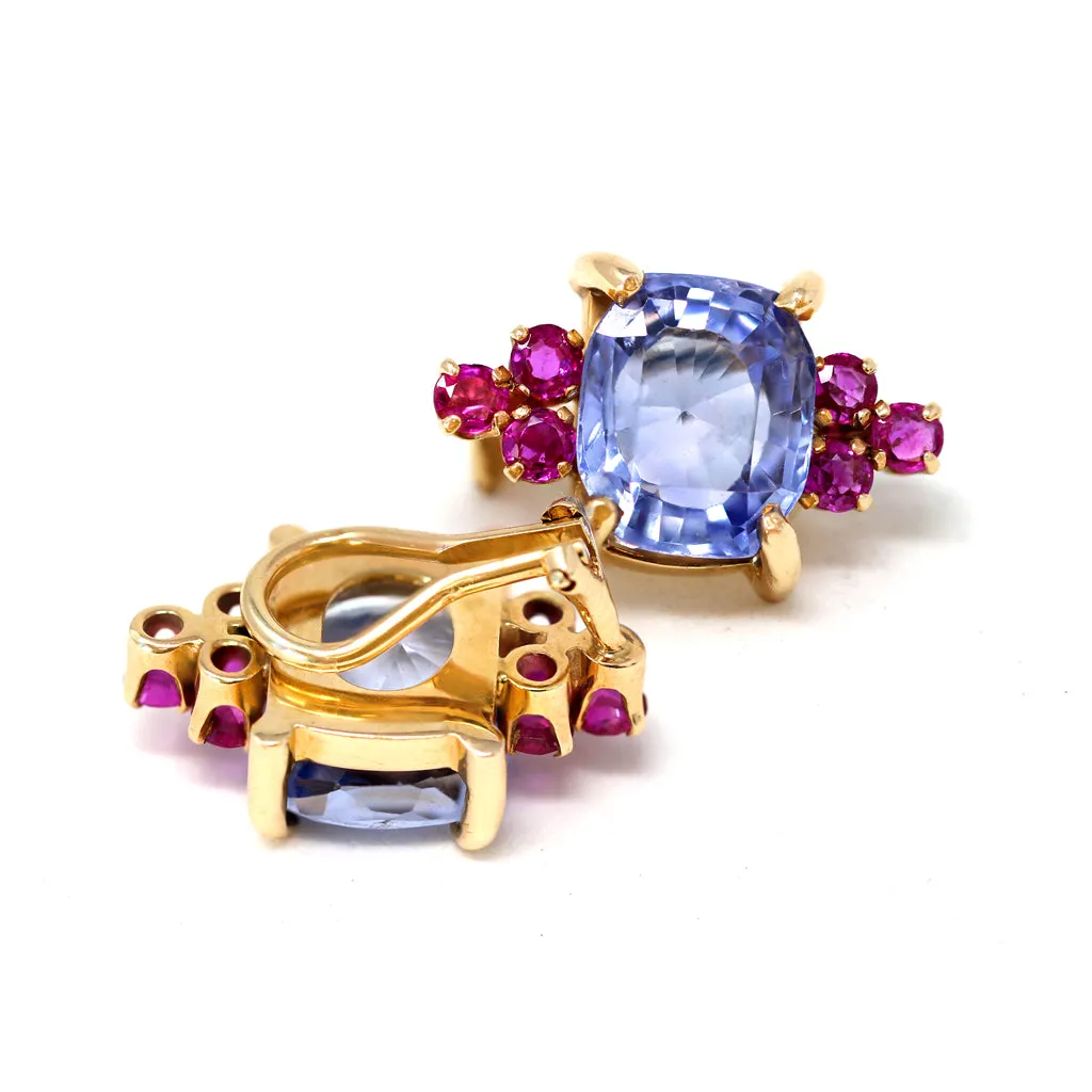 1940s Retro No Heat Ceylon Sapphire and Ruby Clip-on Earrings