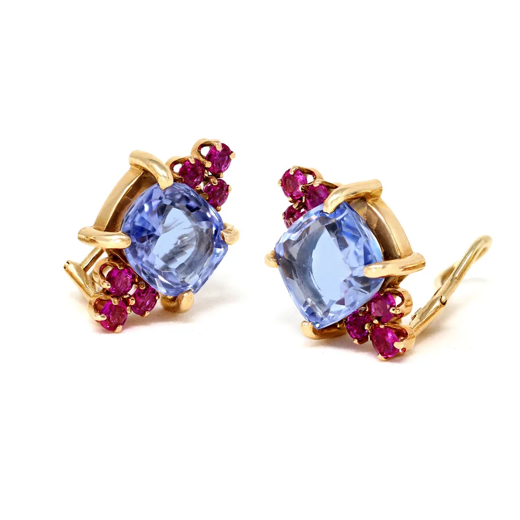 1940s Retro No Heat Ceylon Sapphire and Ruby Clip-on Earrings