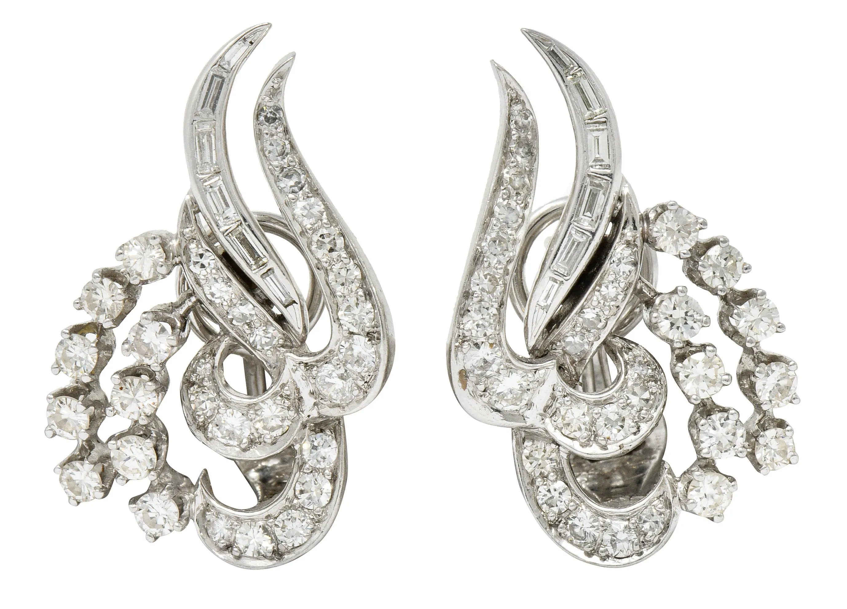 1950's Mid-Century 2.62 CTW Diamond Platinum Tendril Earrings
