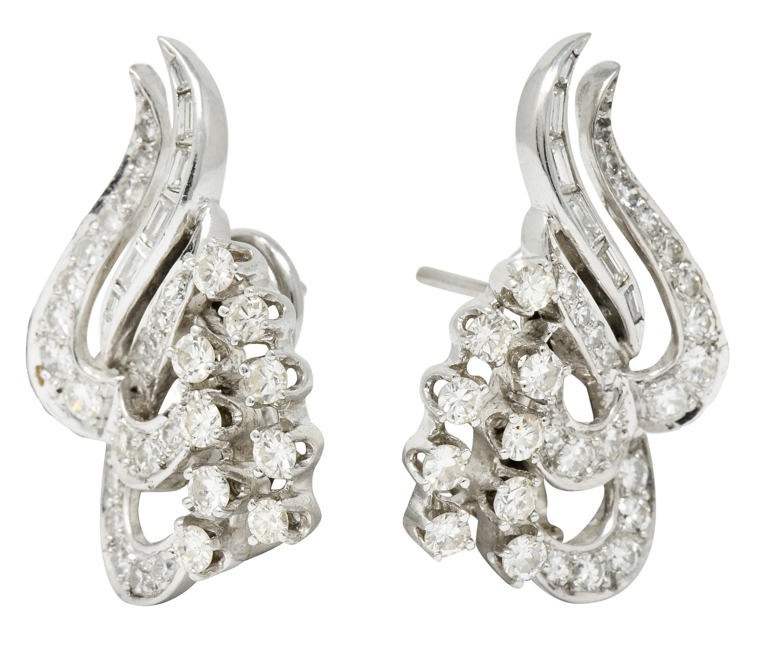 1950's Mid-Century 2.62 CTW Diamond Platinum Tendril Earrings