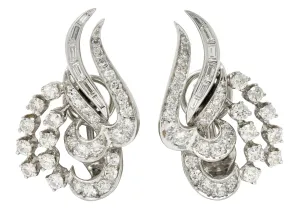 1950's Mid-Century 2.62 CTW Diamond Platinum Tendril Earrings