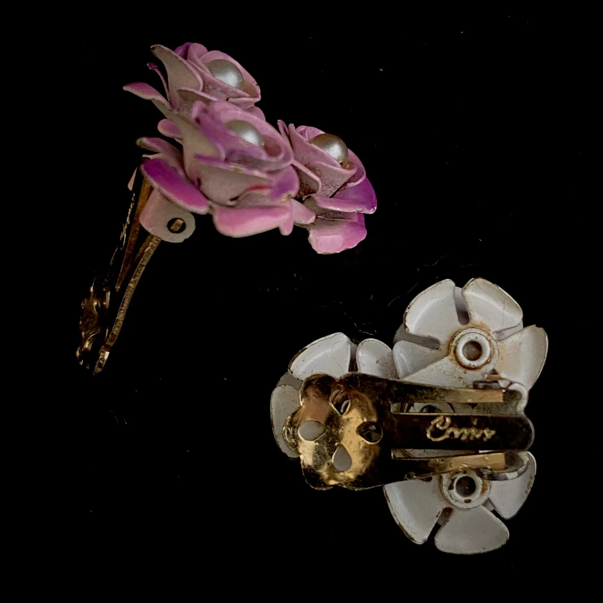1960s Coro Pink and Purple Rose Earrings
