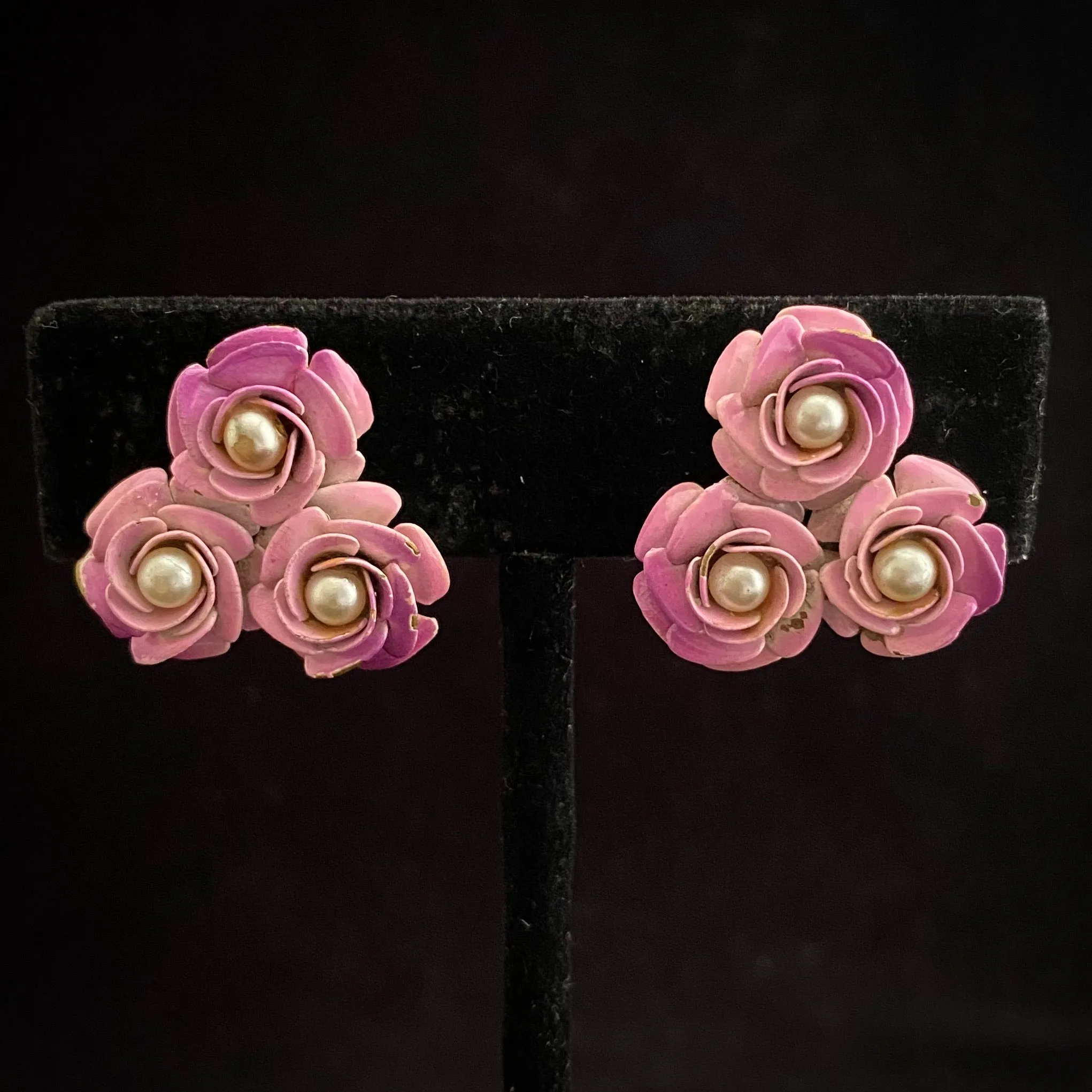 1960s Coro Pink and Purple Rose Earrings