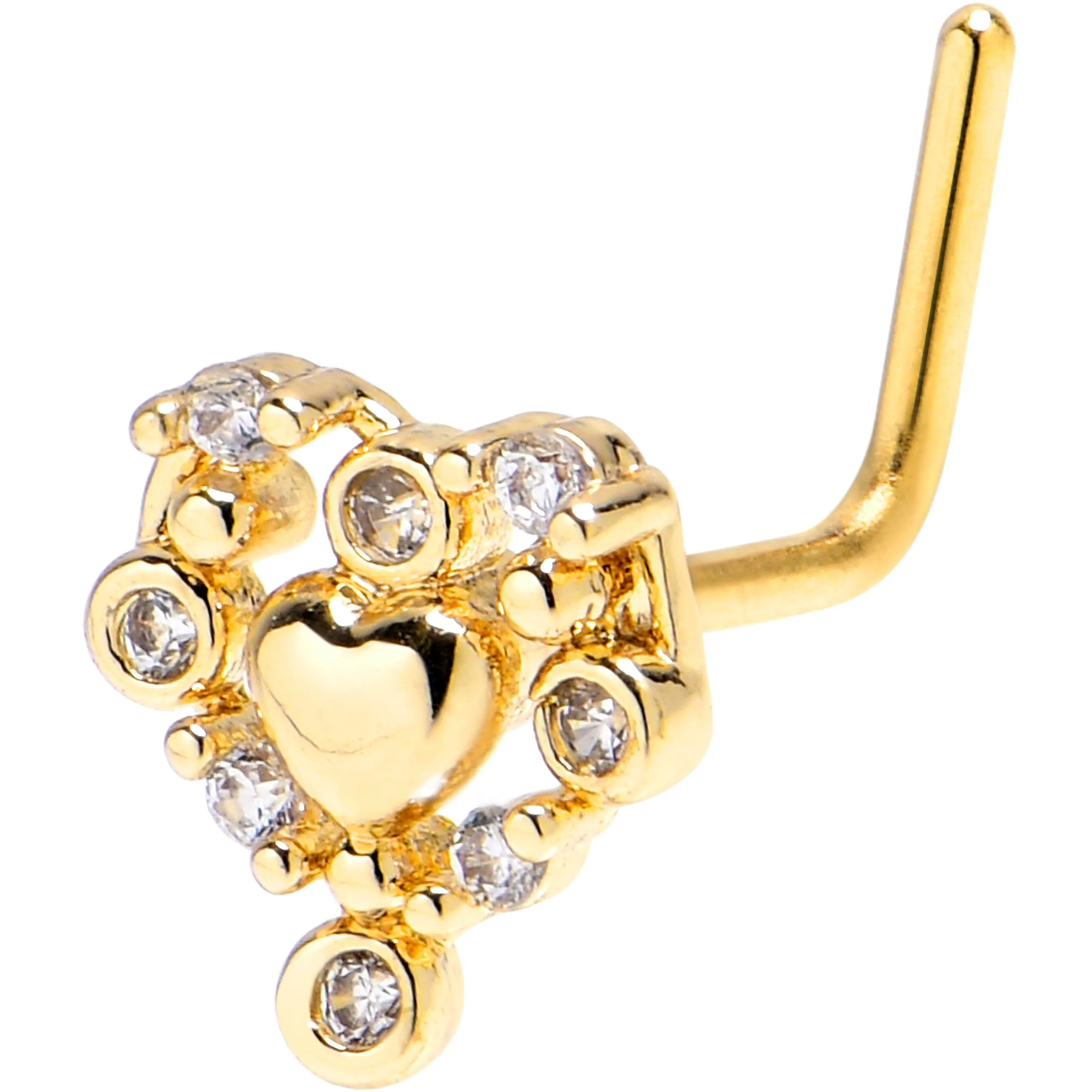 20 Gauge 1/4 Clear CZ Gem Gold Tone Heart Duo L Shape Nose Ring