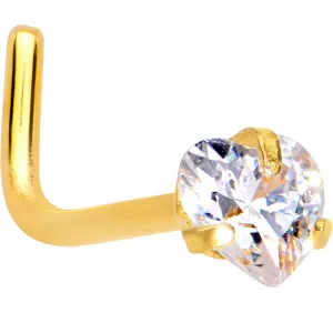 20 Gauge 1/4 Clear Heart 3mm CZ Gem Gold IP L-Shape Nose Ring