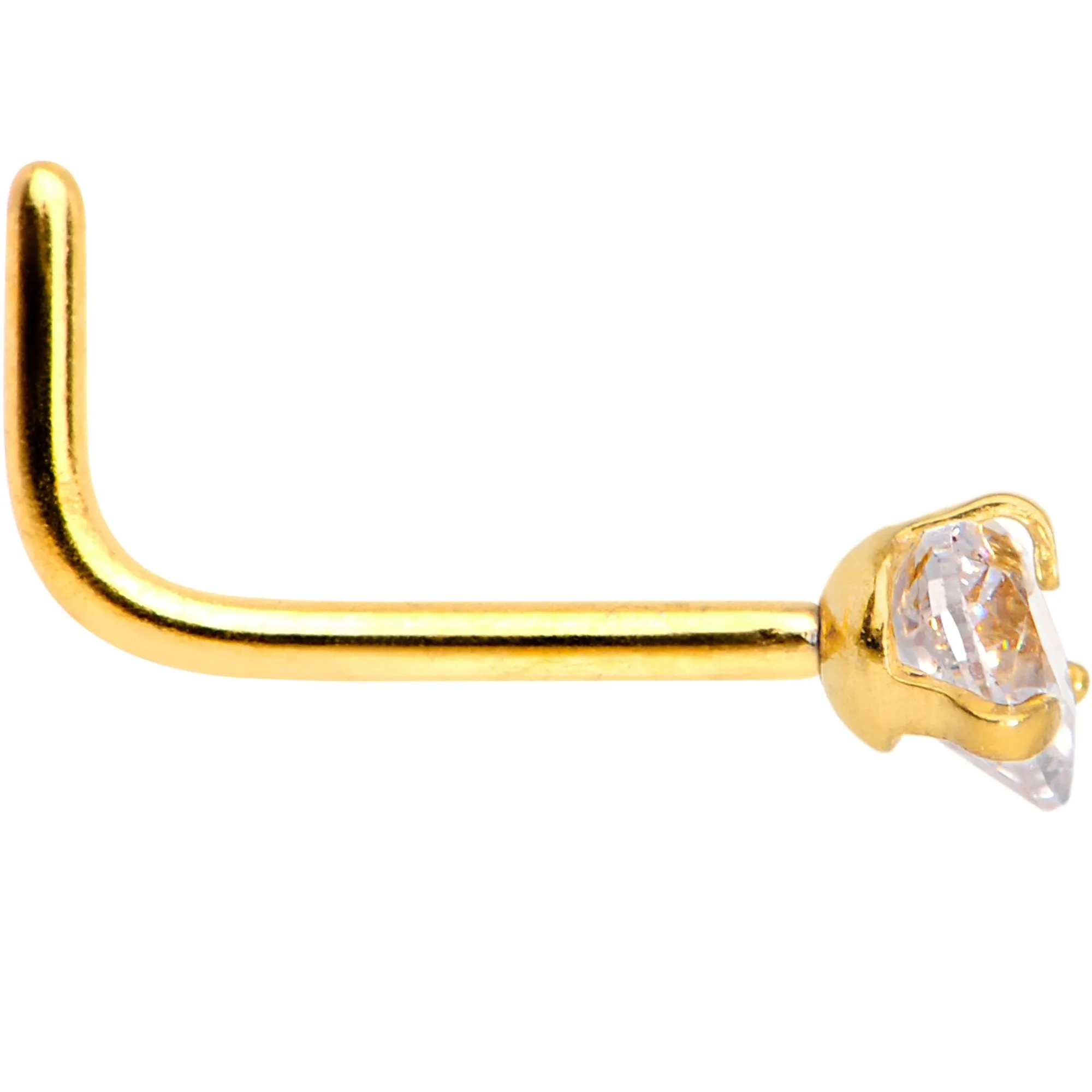 20 Gauge 1/4 Clear Heart 3mm CZ Gem Gold IP L-Shape Nose Ring