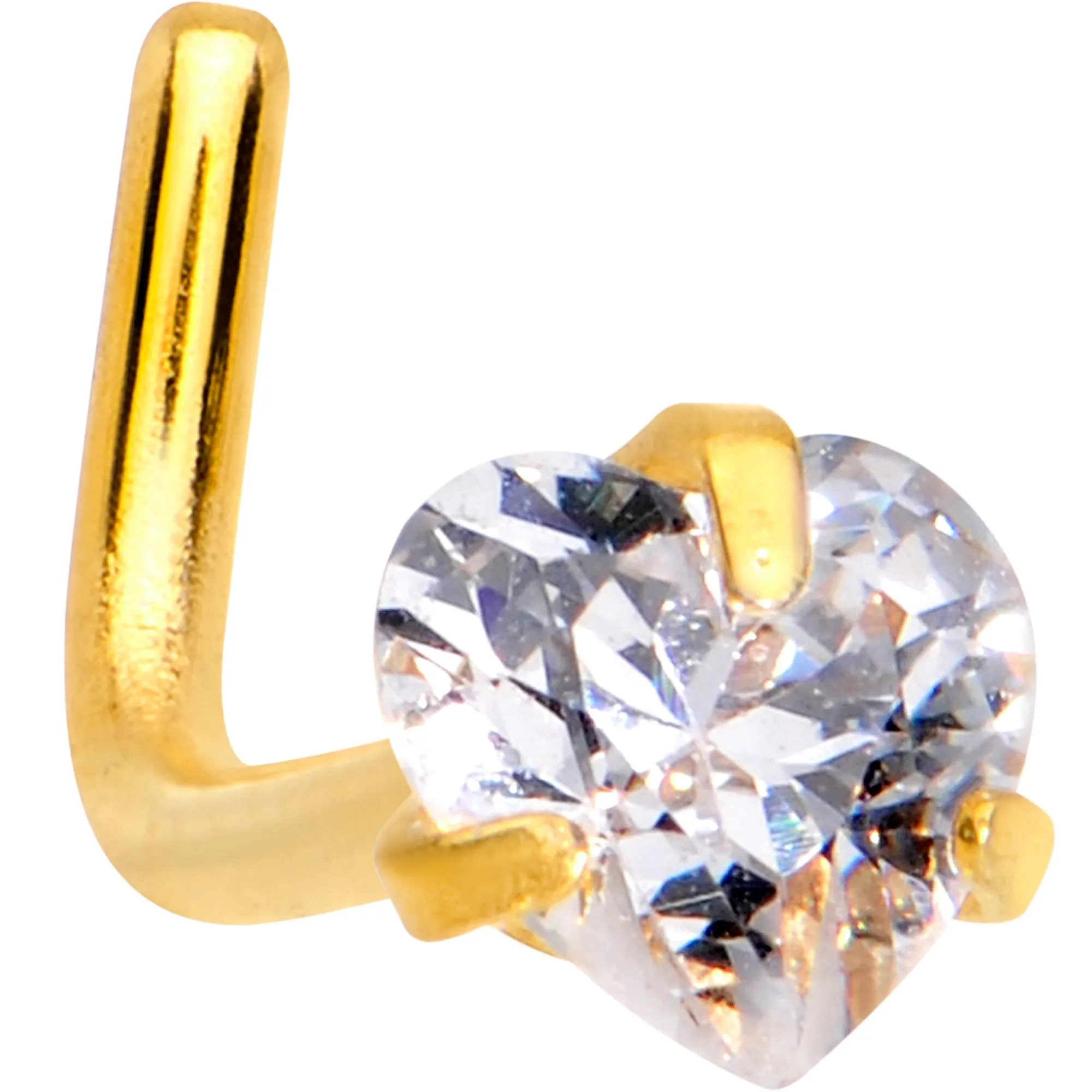 20 Gauge 1/4 Clear Heart 3mm CZ Gem Gold IP L-Shape Nose Ring