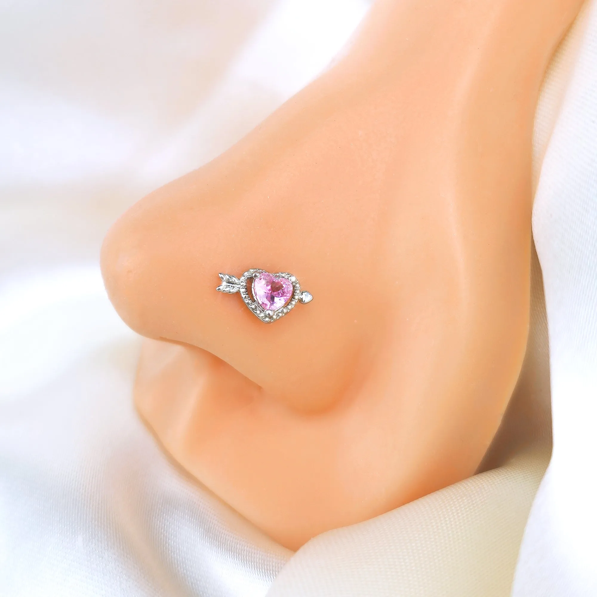 20 Gauge 1/4 Pink CZ Gem Fusion Of Love Arrow Heart L Shape Nose Ring