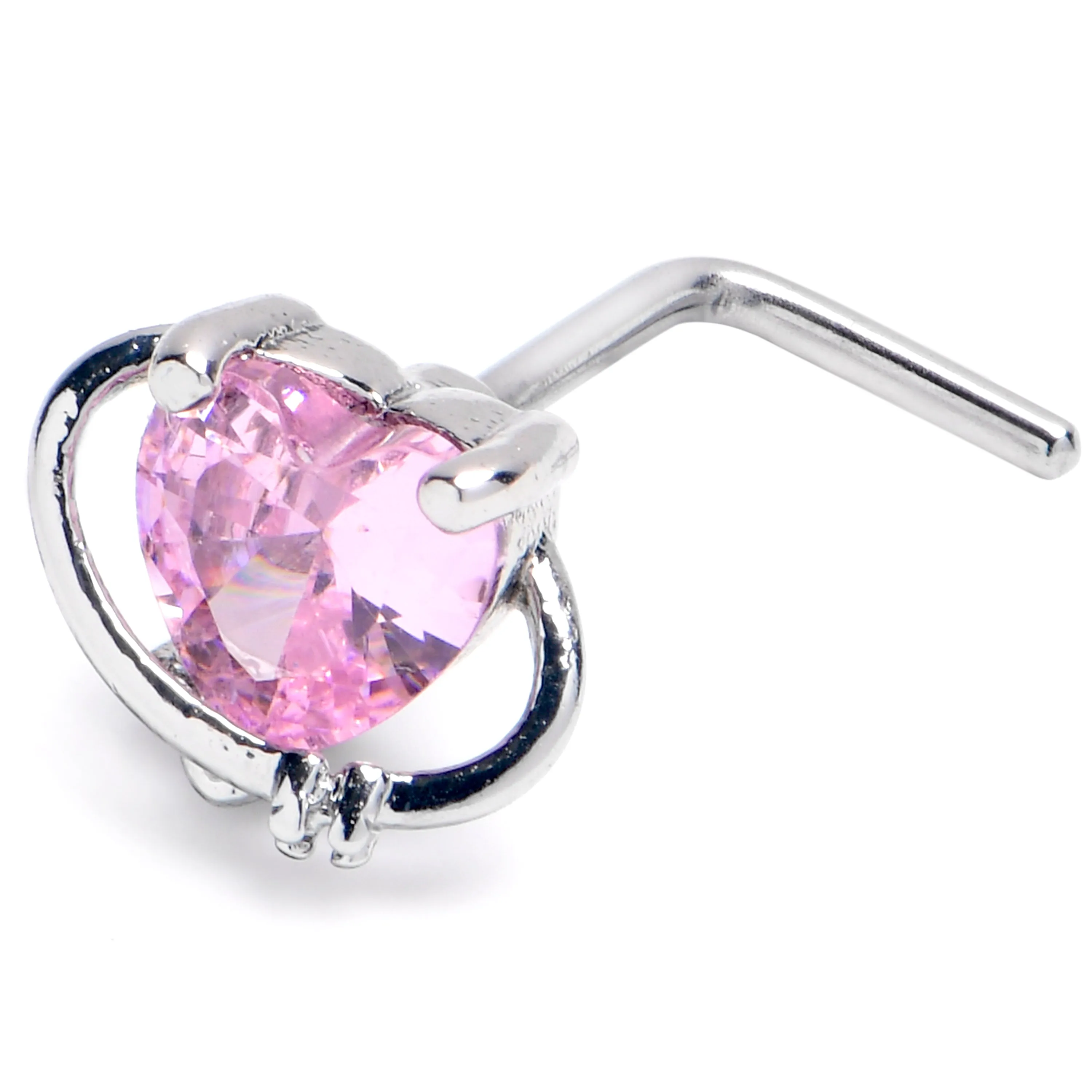 20 Gauge 1/4 Pink CZ Gem Heart Saturn L Shape Nose Ring