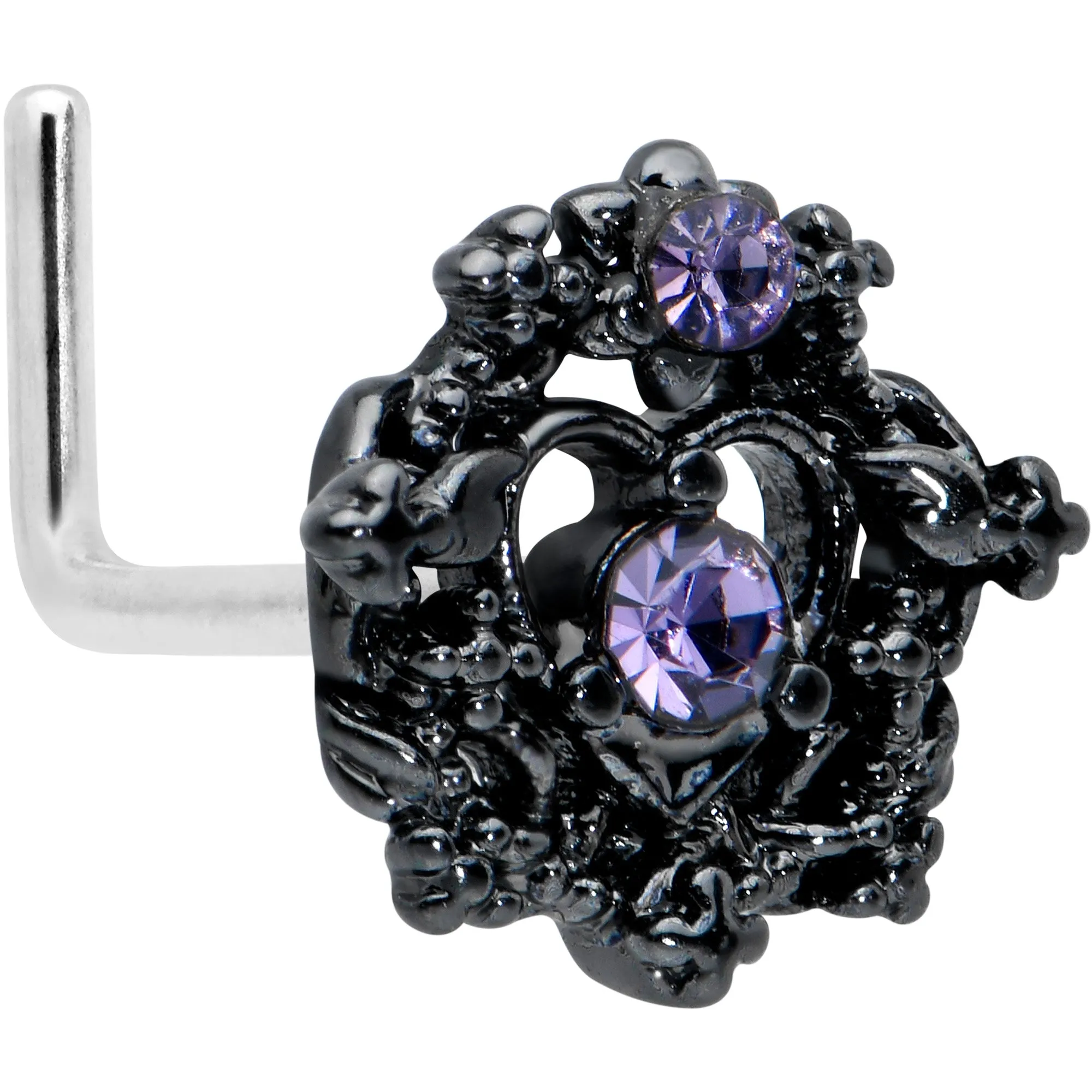 20 Gauge 7.5mm Purple Gem Regal Black Crown Heart L Shape Nose Ring