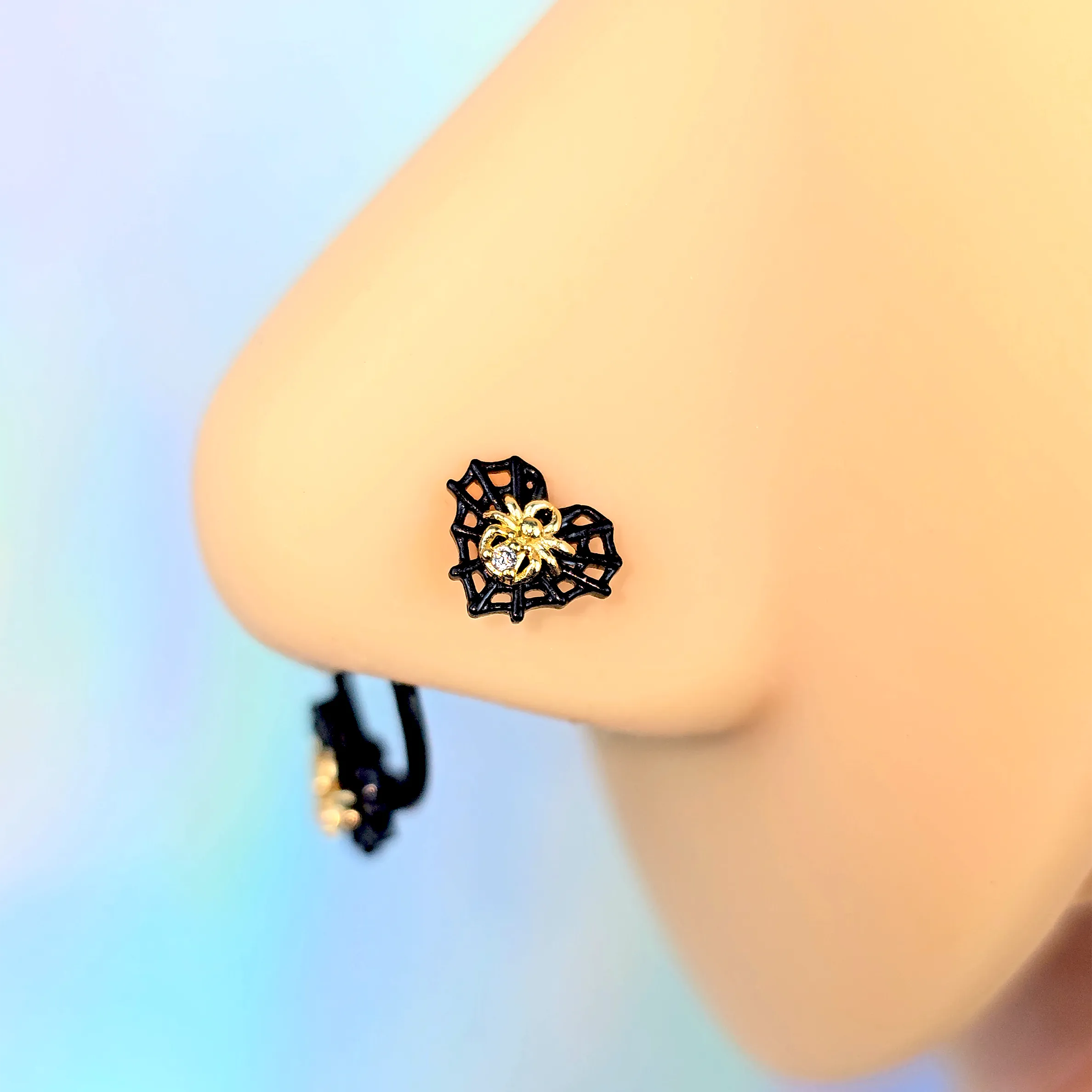 20 Gauge 7mm Clear Gem Black Golden Spider Web Heart L Shape Nose Ring