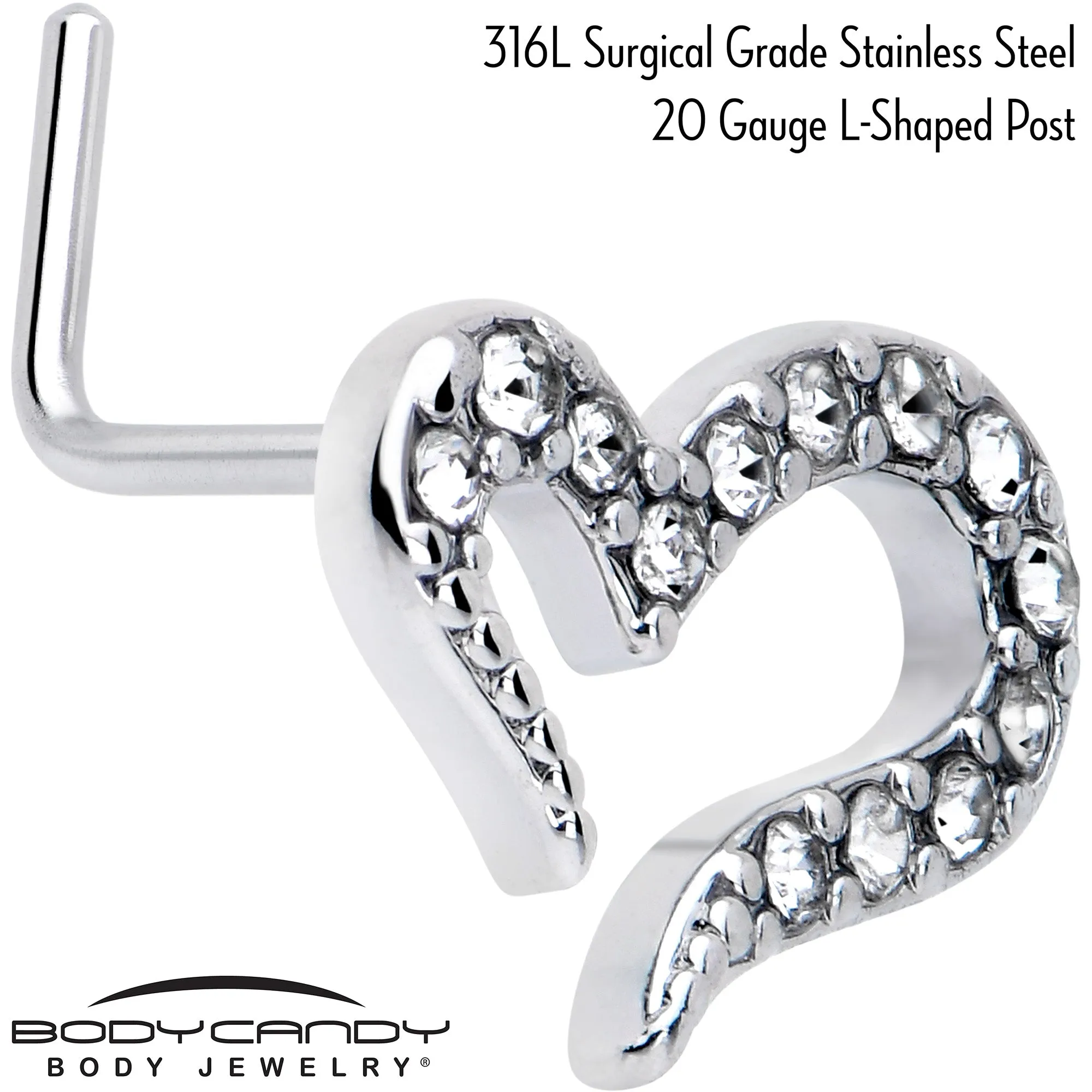 20 Gauge 7mm Clear Gem Stylized Heart L Shape Nose Ring