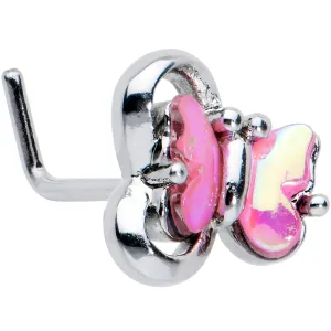 20 Gauge 7mm Heart Pink Butterfly L Shape Nose Ring