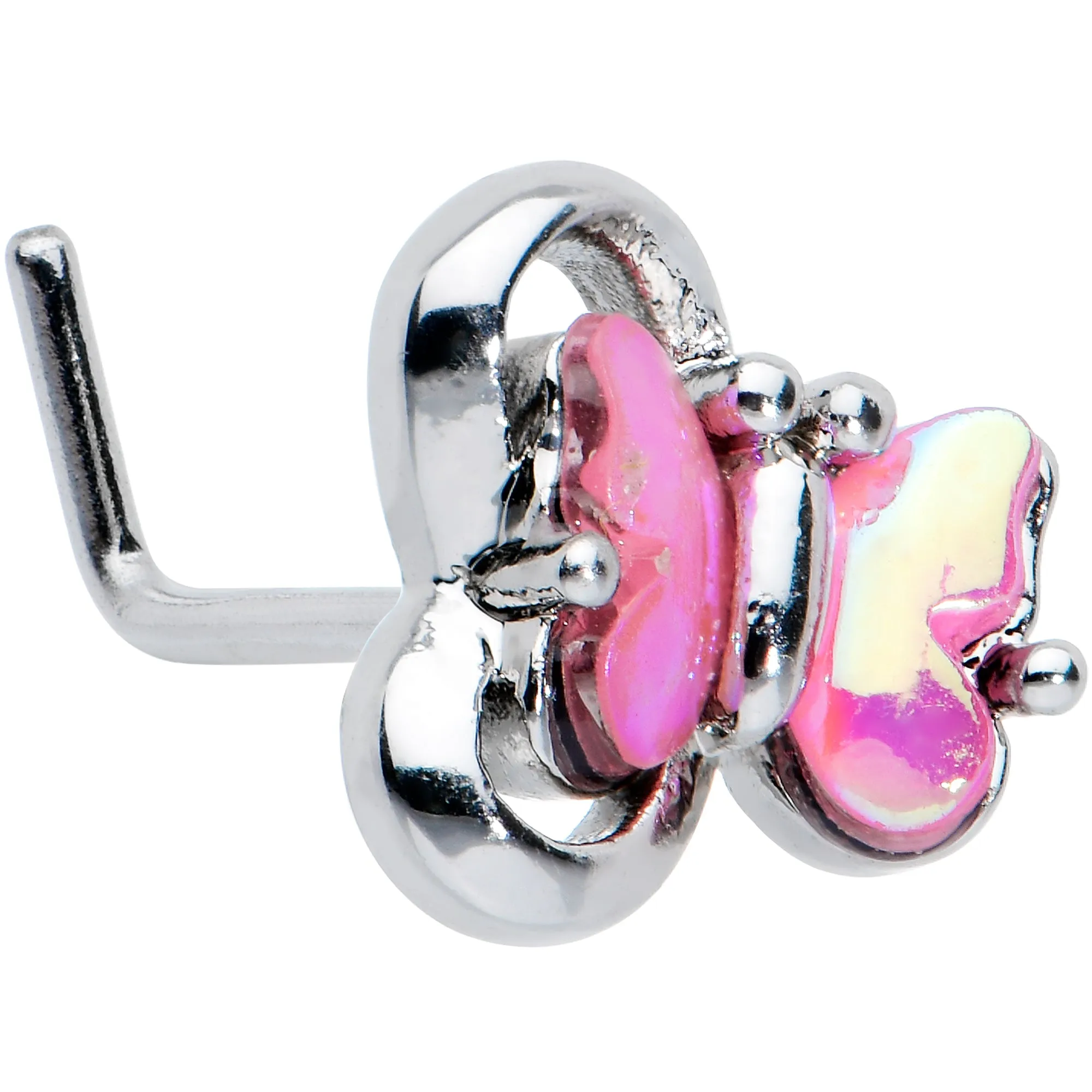 20 Gauge 7mm Heart Pink Butterfly L Shape Nose Ring