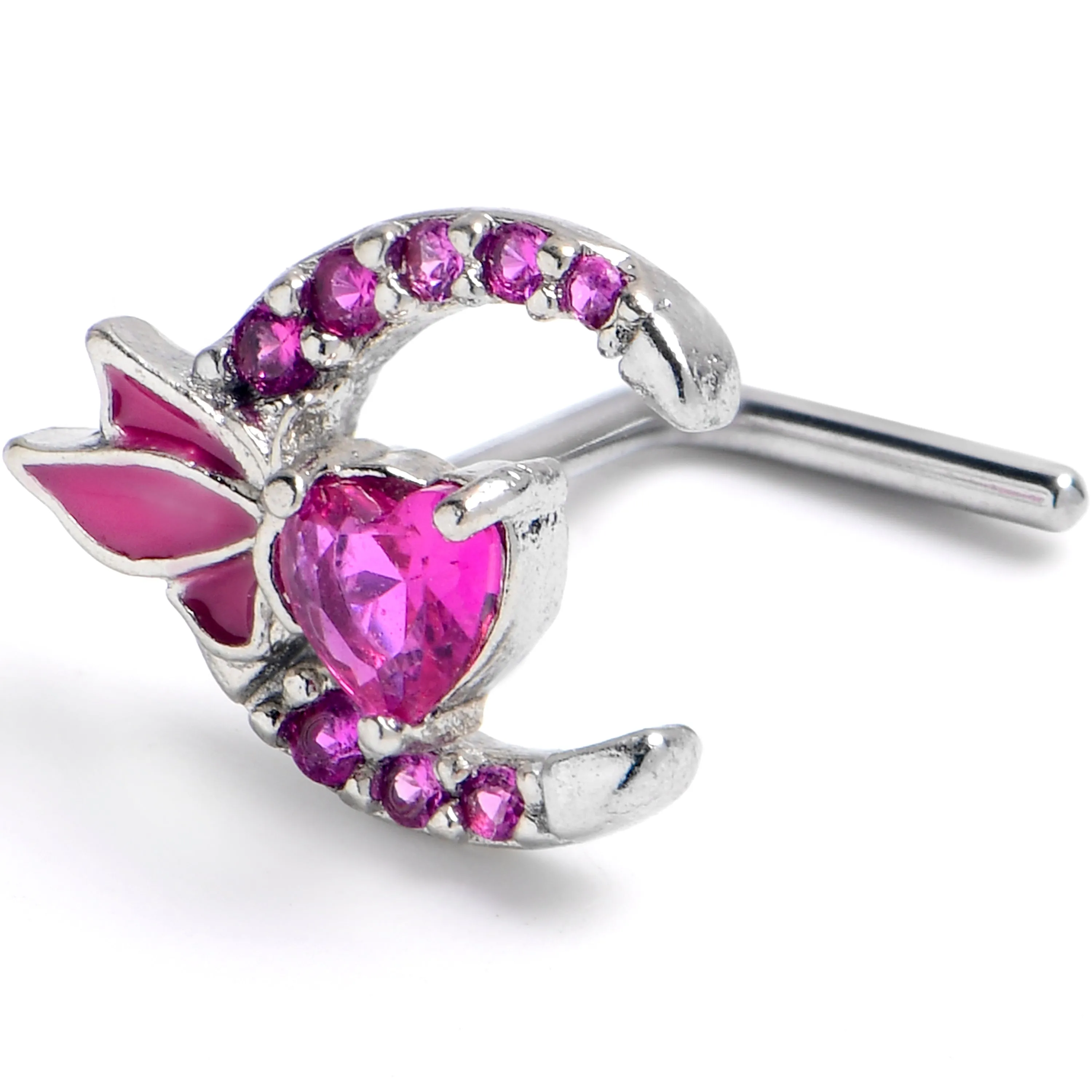 20 Gauge 7mm Pink CZ Gem Butterfly Heart Moon L Shape Nose Ring