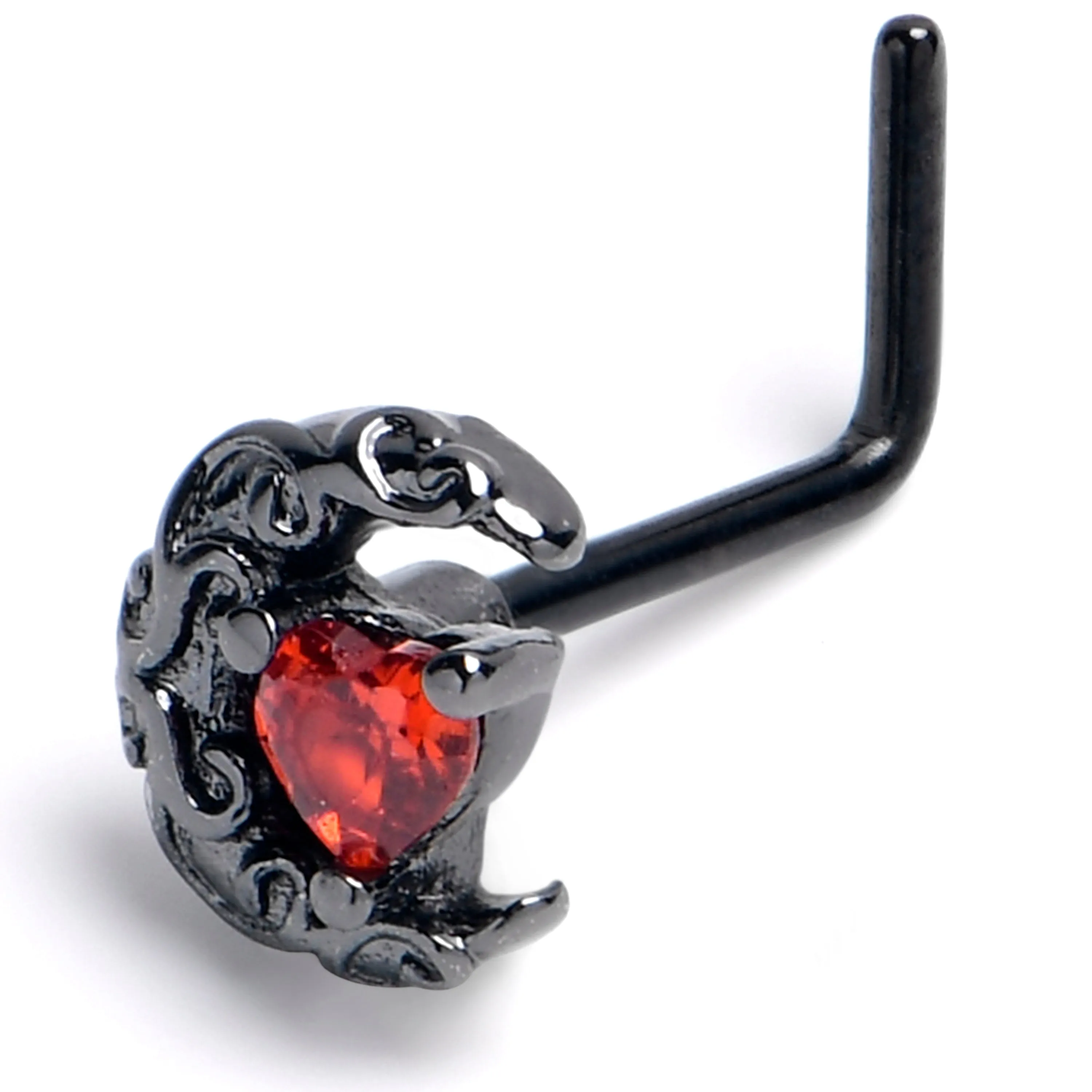 20 Gauge 7mm Red Gem Black Scroll Moon Heart L Shape Nose Ring