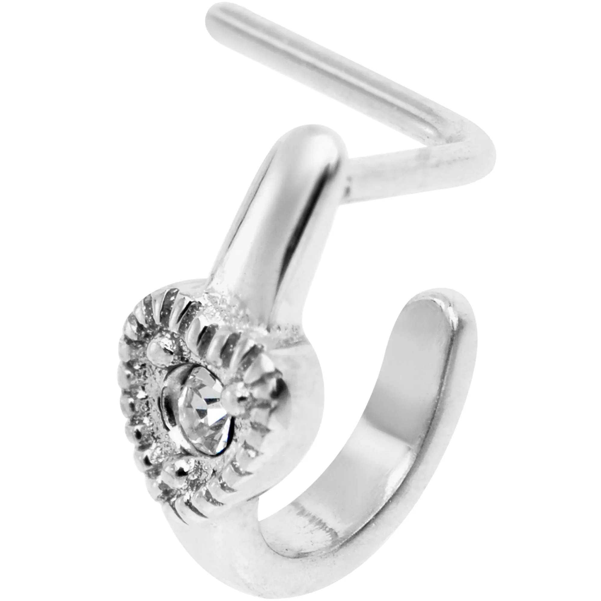 20 Gauge Clear Gem Steel Heart Faux Hoop L Shaped Nose Ring
