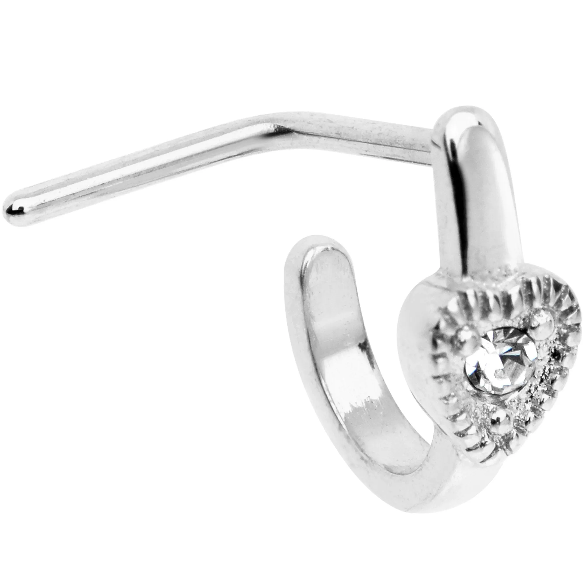 20 Gauge Clear Gem Steel Heart Faux Hoop L Shaped Nose Ring