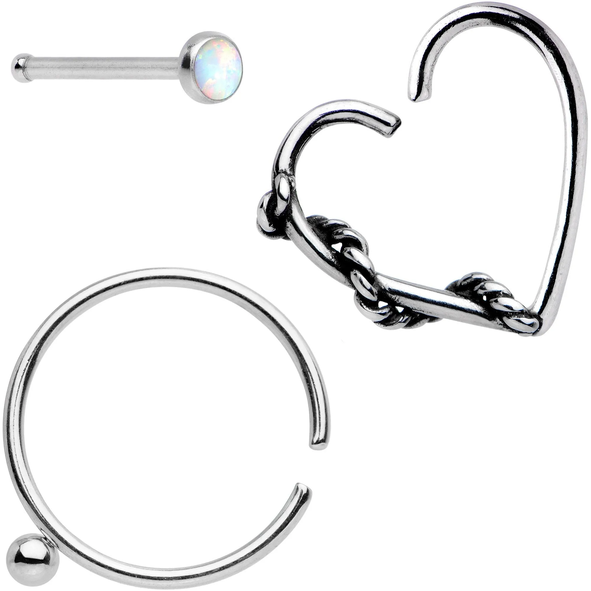 20 Gauge White Faux Opal Nose Bone Heart Closure Ring Pack Set of 3