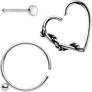 20 Gauge White Faux Opal Nose Bone Heart Closure Ring Pack Set of 3