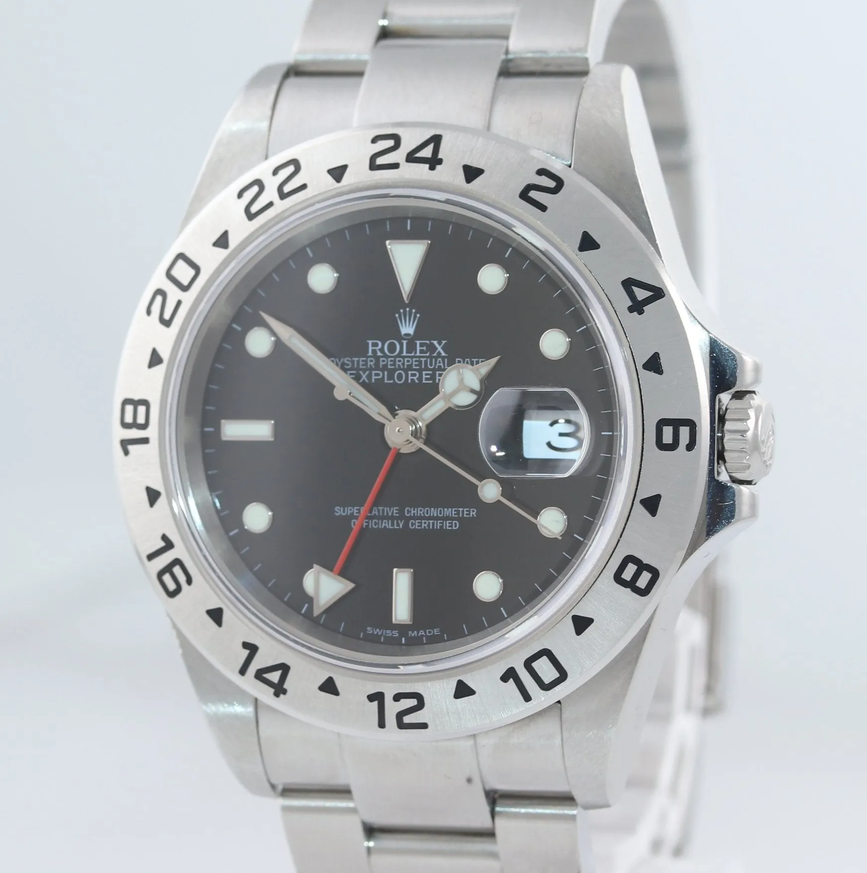 2004 NO HOLES Rolex Explorer II 16570 Stainless Steel Black Date GMT 40mm Watch