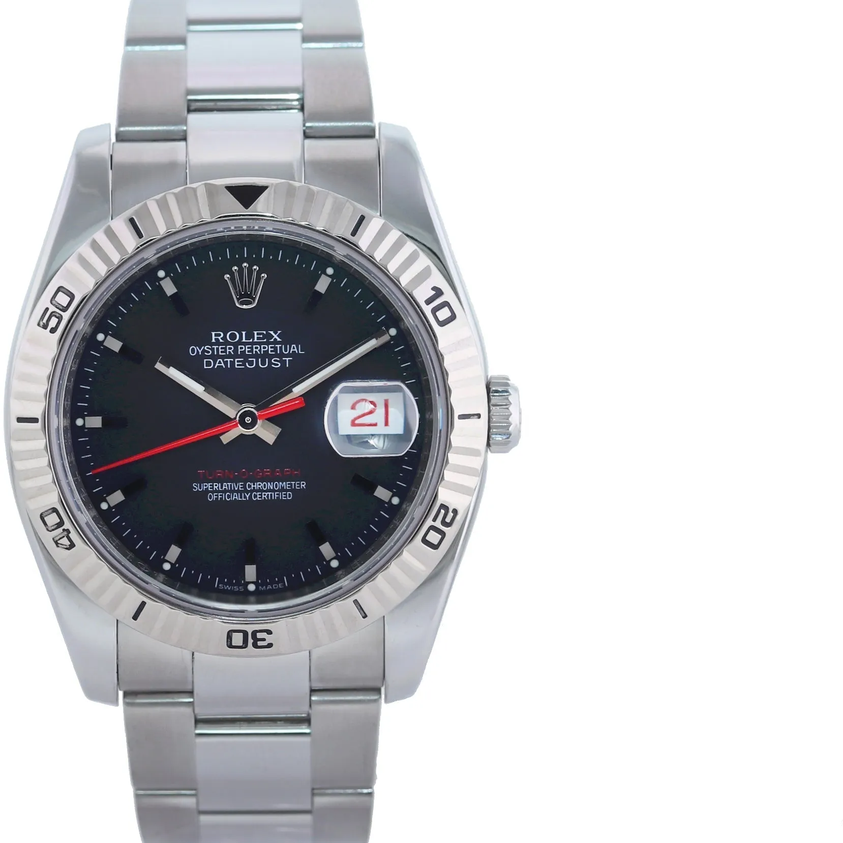 2008 MINT Rolex DateJust Turn-O-Graph 116264 Steel Black White Gold Fluted Watch