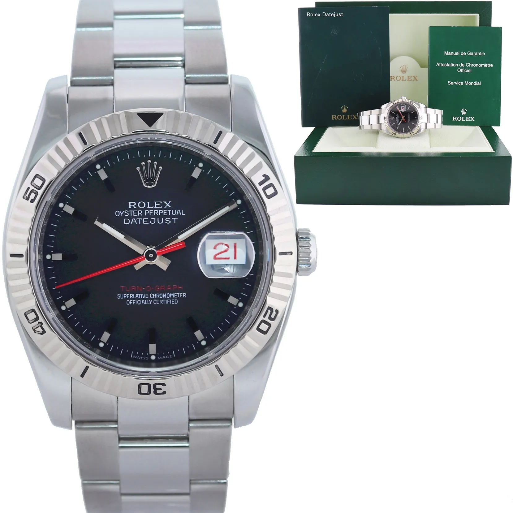 2008 MINT Rolex DateJust Turn-O-Graph 116264 Steel Black White Gold Fluted Watch