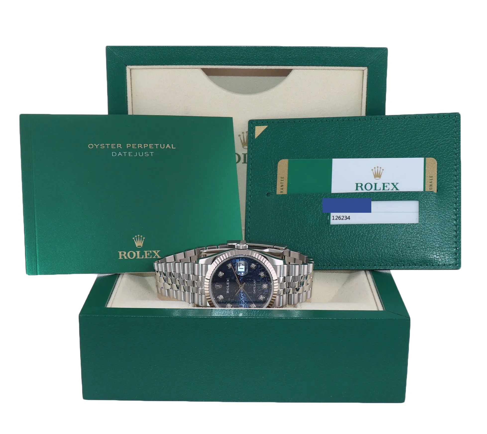2019 PAPERS Rolex DateJust Blue Jubilee Diamond 126234 Steel White Gold Watch