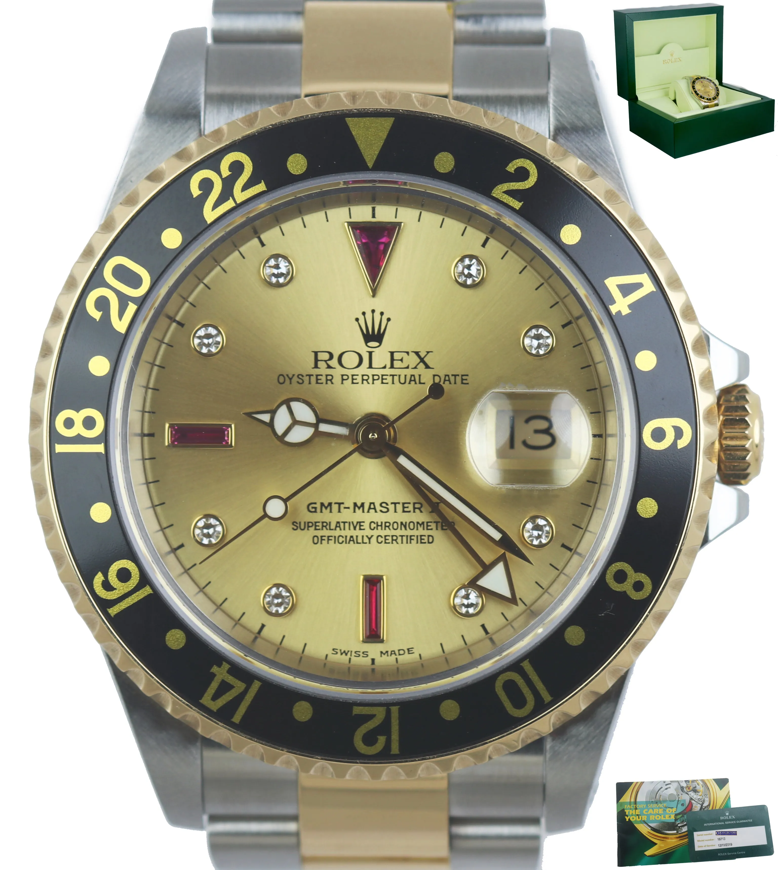 2019 ROLEX SERVICE GMT-Master II Champagne Serti Diamond Ruby 16713 Two-Tone RSC