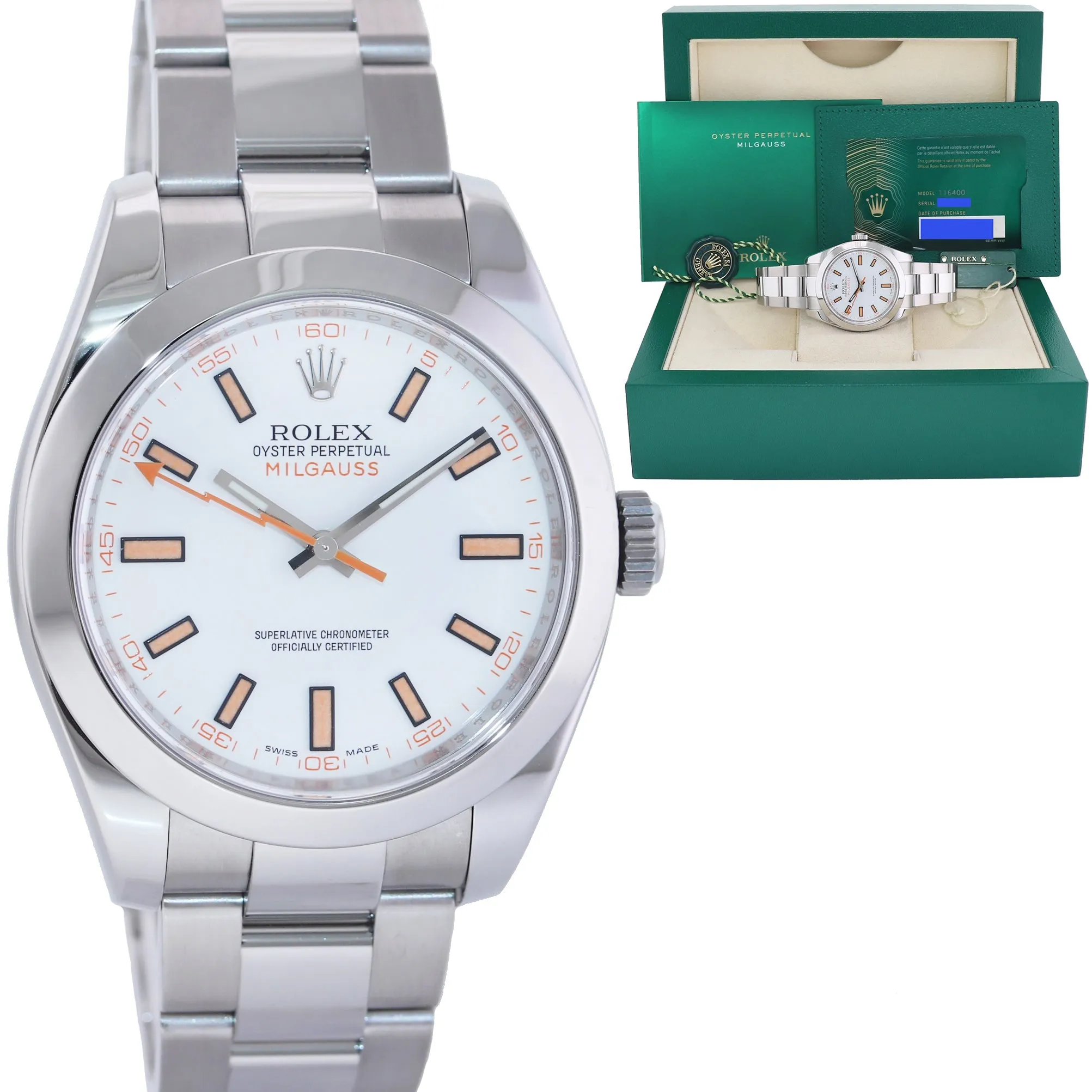 2020 NEW PAPERS Rolex Milgauss 116400 Orange White Steel Anti-Magnetic Watch Box