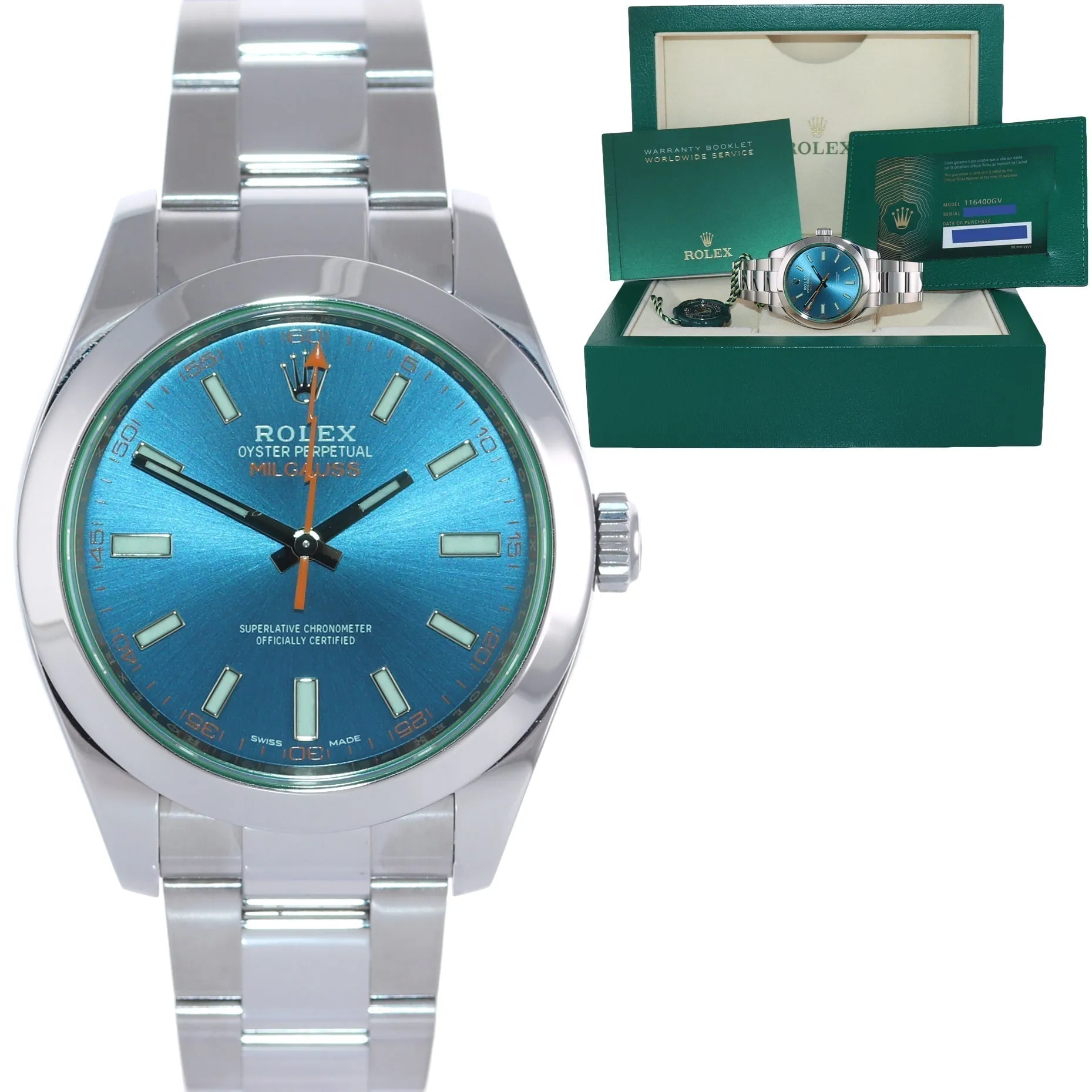 2020 NEW PAPERS Rolex Milgauss Blue Anniversary Green 116400GV Steel Watch Box