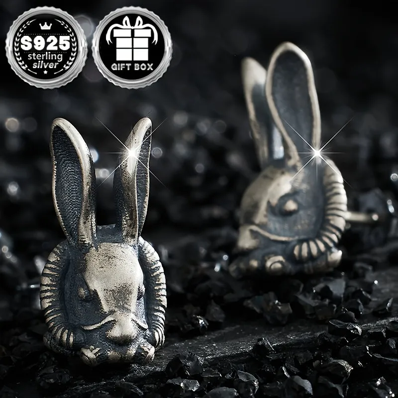 2pc925 Silvery Rabbit Earrings Retro Thai Animal Goth Punk Halloween Party