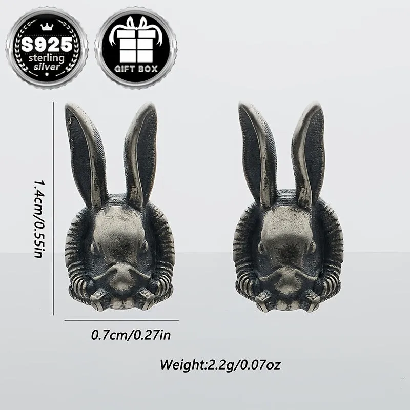 2pc925 Silvery Rabbit Earrings Retro Thai Animal Goth Punk Halloween Party