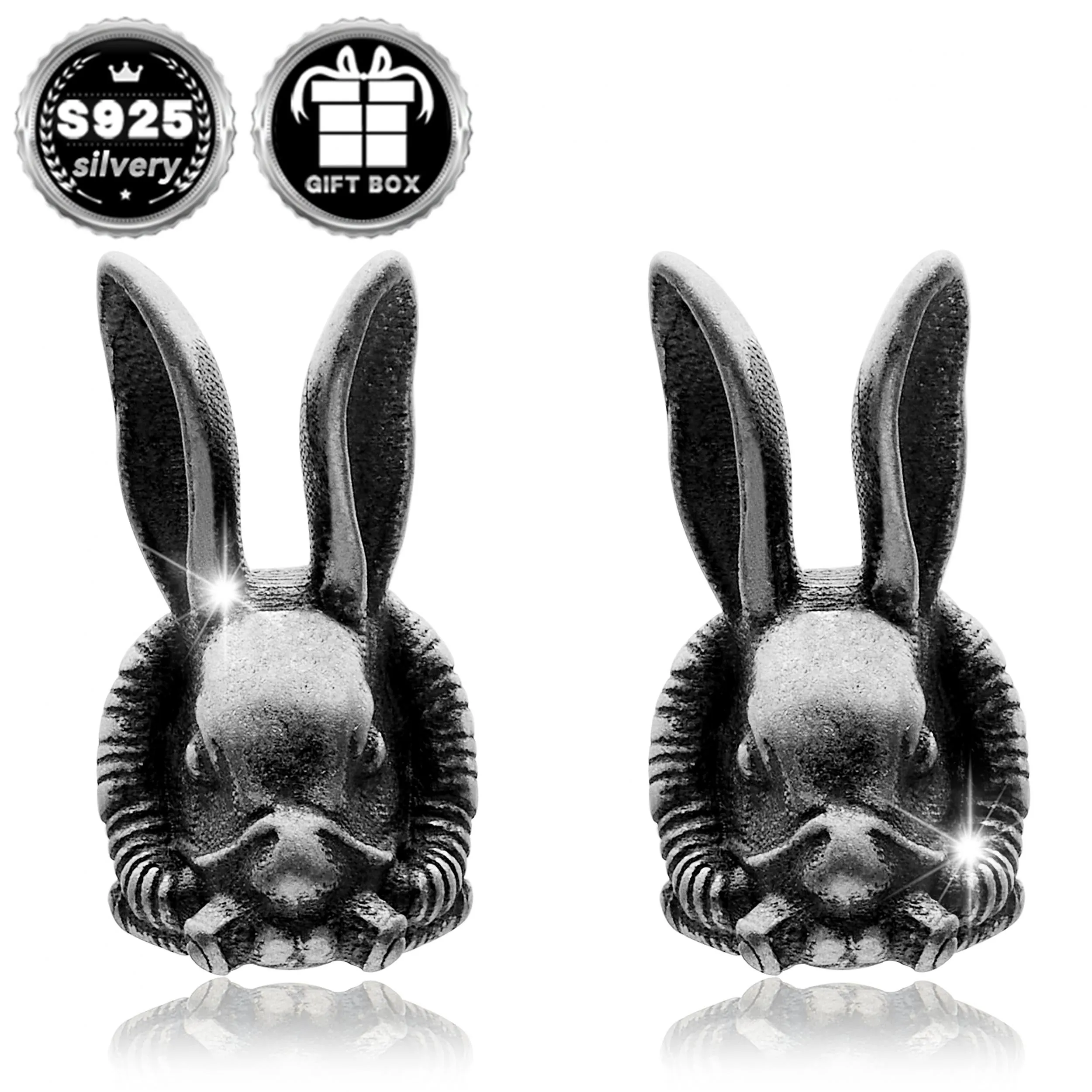2pc925 Silvery Rabbit Earrings Retro Thai Animal Goth Punk Halloween Party